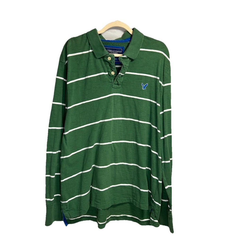 Vintage American Eagle Rugby Shirt Mens XXL 2XL Green Striped Preppy Cotton